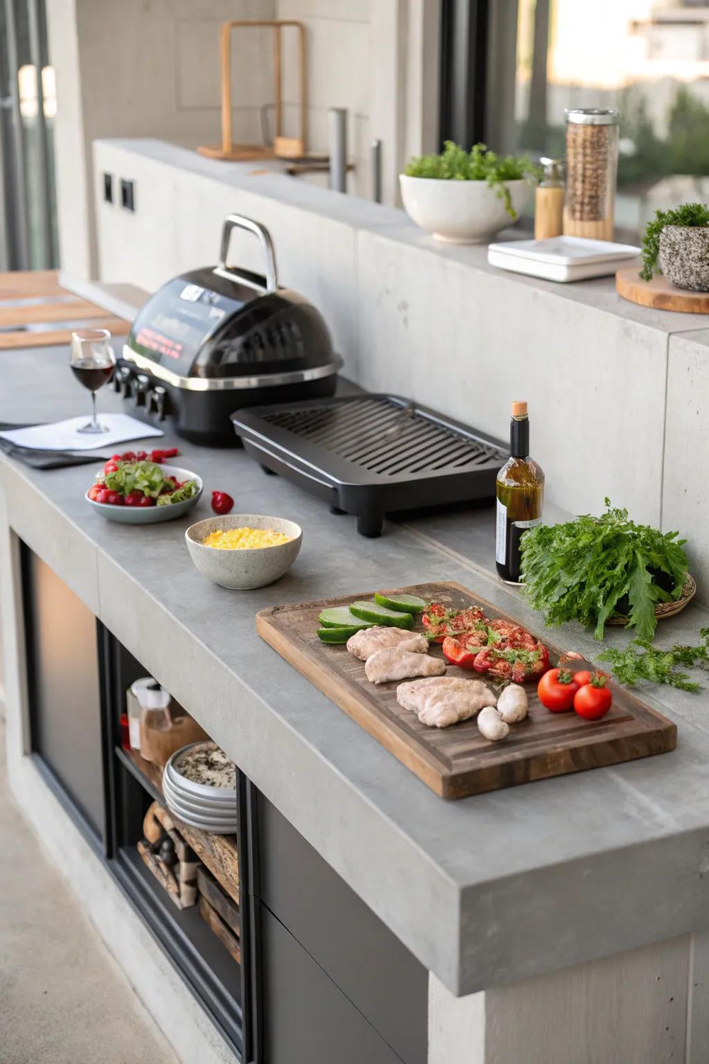 Concrete countertops bring a modern touch to outdoor kitchens.