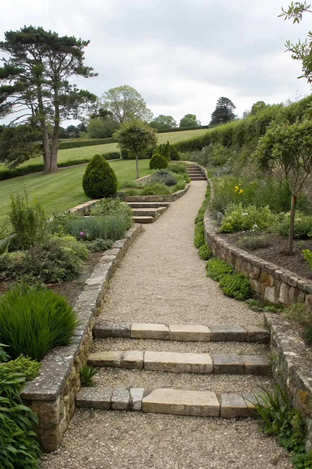 Gravel pathways add rustic charm and are easy to maintain.