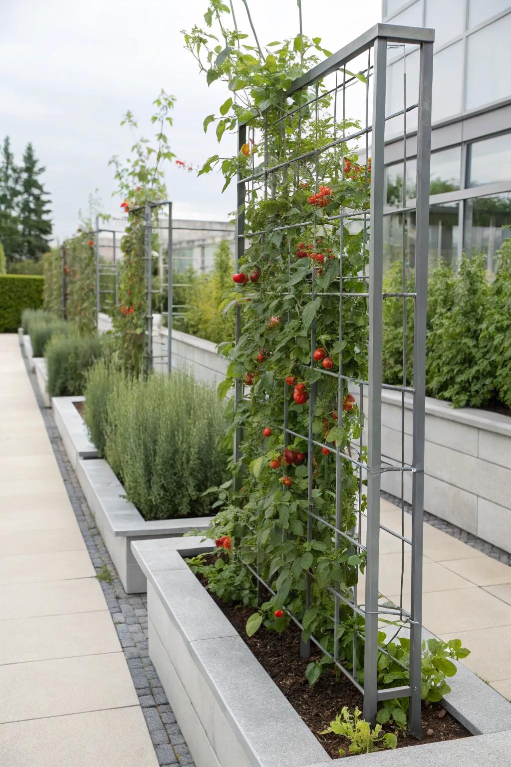Cherry tomatoes flourishing on an elegant metal grid in a modern garden.