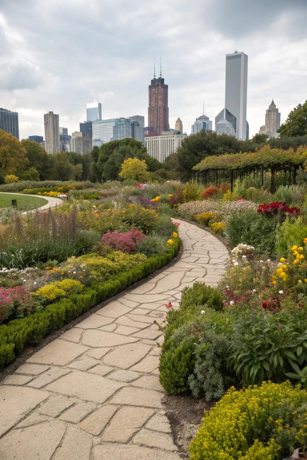 A Chicago garden featuring a graceful curved stone pathway.