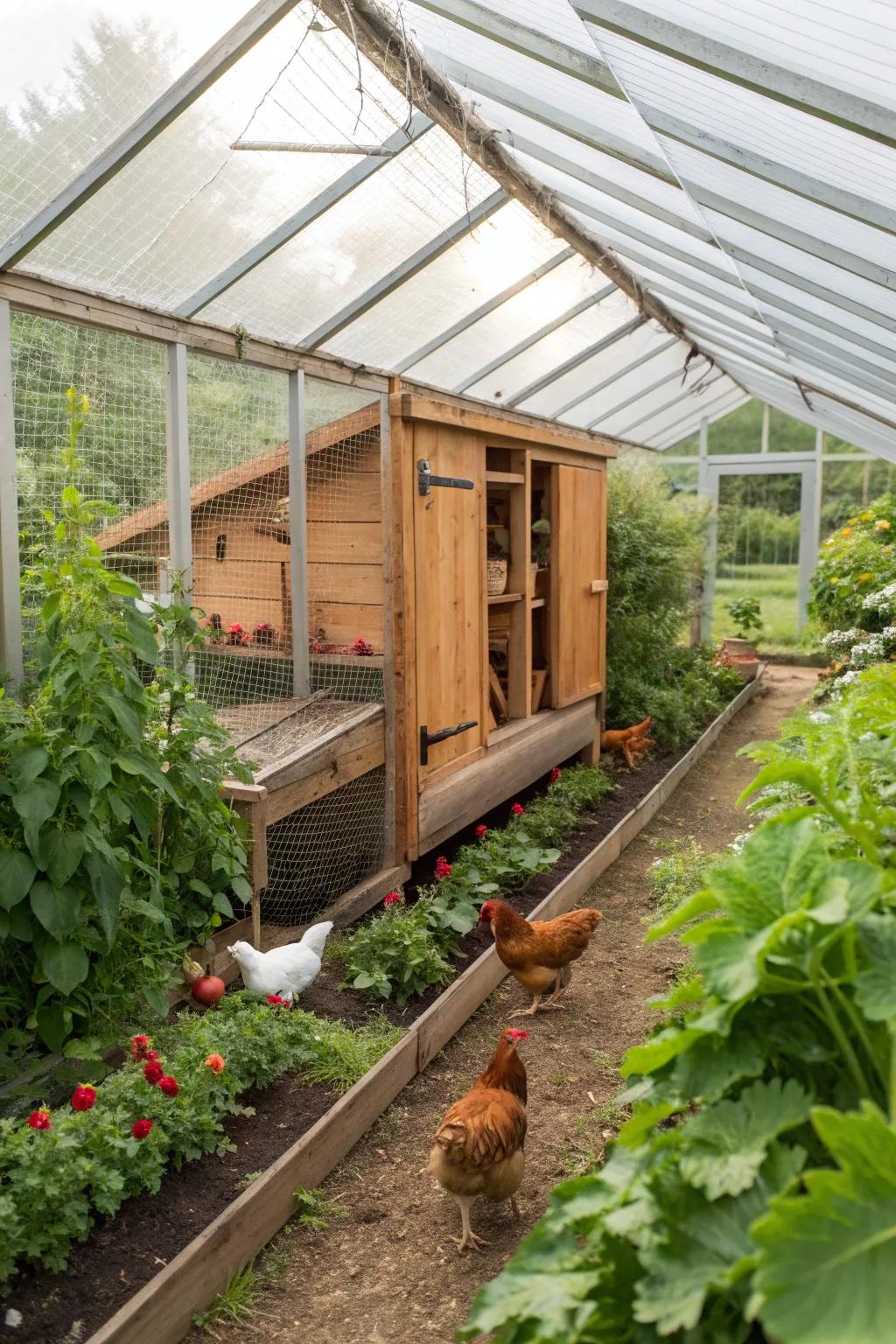 A harmonious blend of chicken coop and greenhouse.