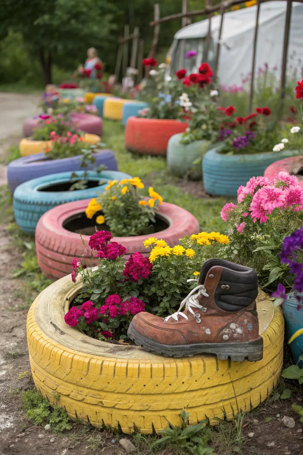 Upcycled materials bring a burst of color and creativity to children's gardens.