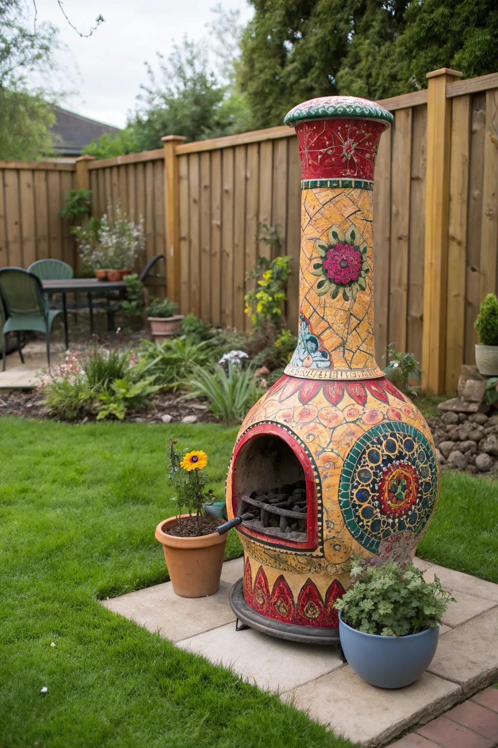 Make a statement with a colorful and artistic chiminea.