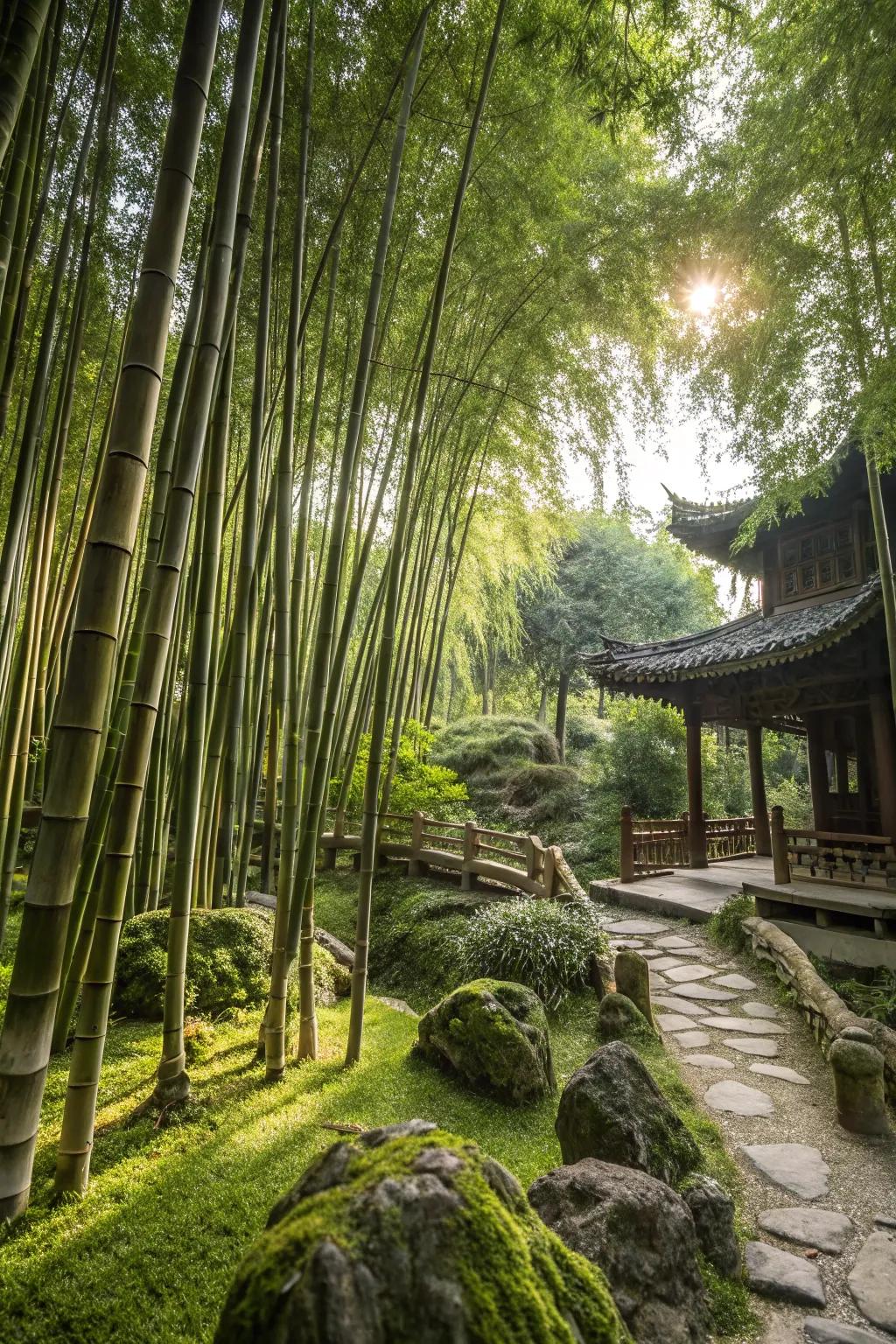 A serene bamboo grove that sways gently in the breeze.