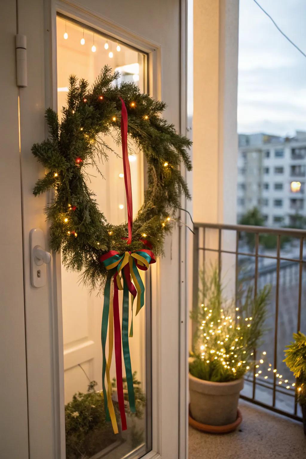 Add a charming wreath to your balcony decor.