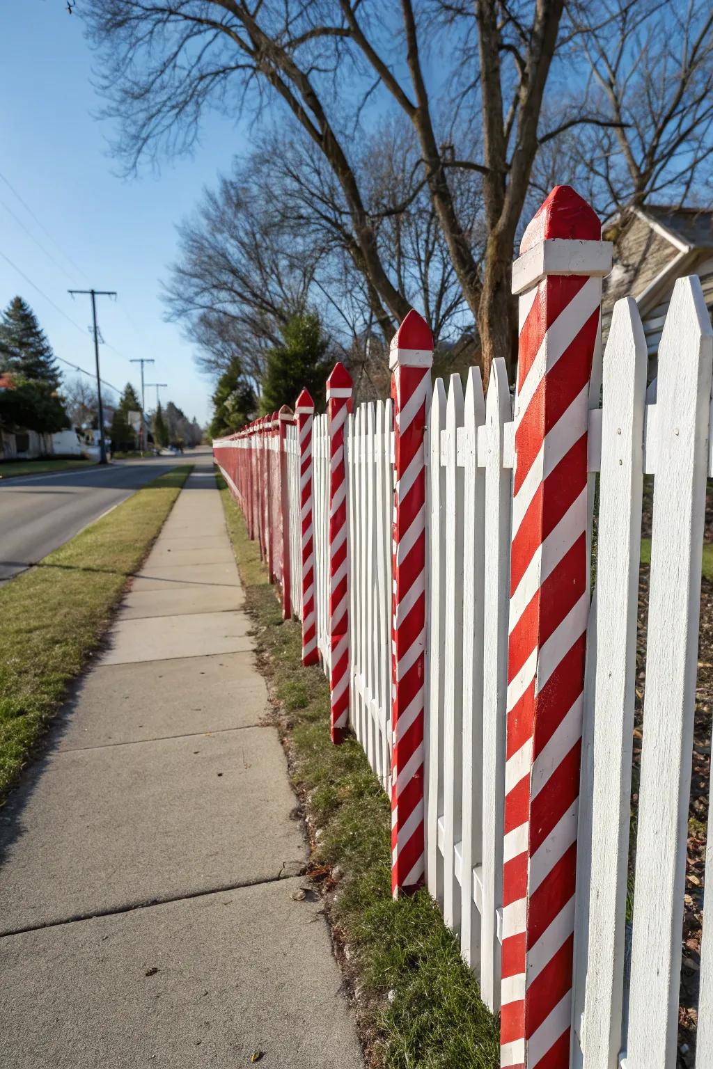 Candy cane stripes on fence pickets create a whimsical holiday look.