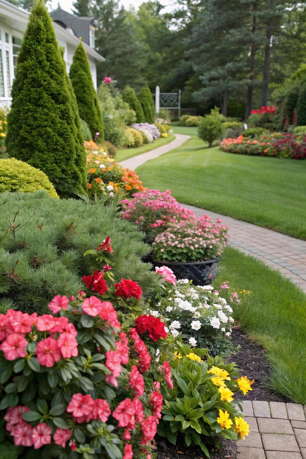 Evergreen shrubs provide a lush backdrop for holiday decor.