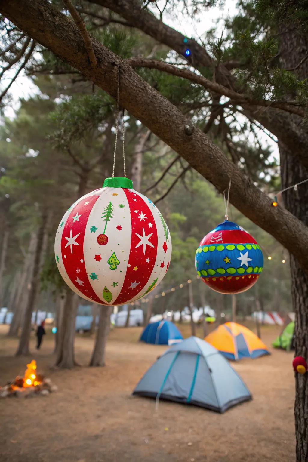 Beach balls turned into festive ornaments add color to your campsite.