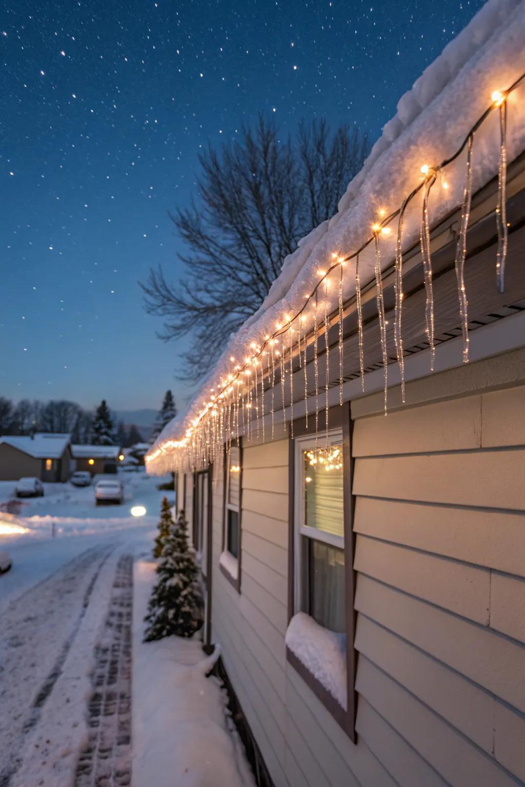Icicle lights hanging from the roof, adding dynamic winter charm to the home.