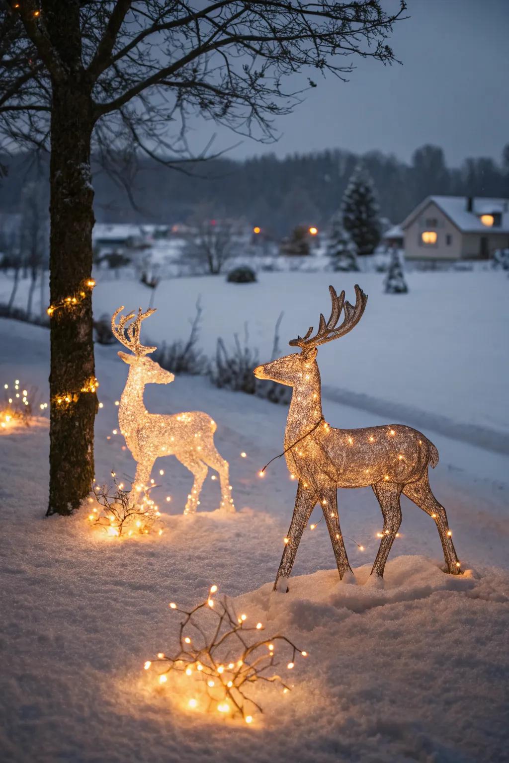 Lighted reindeer figures adding charm to a winter lawn.