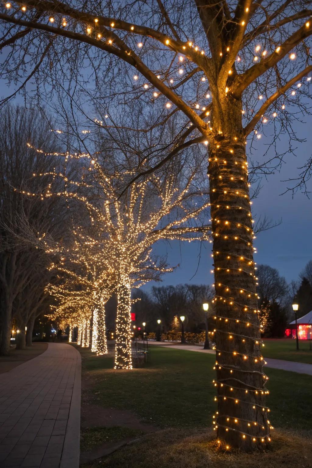 Twinkling tree wrap using warm and cool white lights to enhance natural beauty.