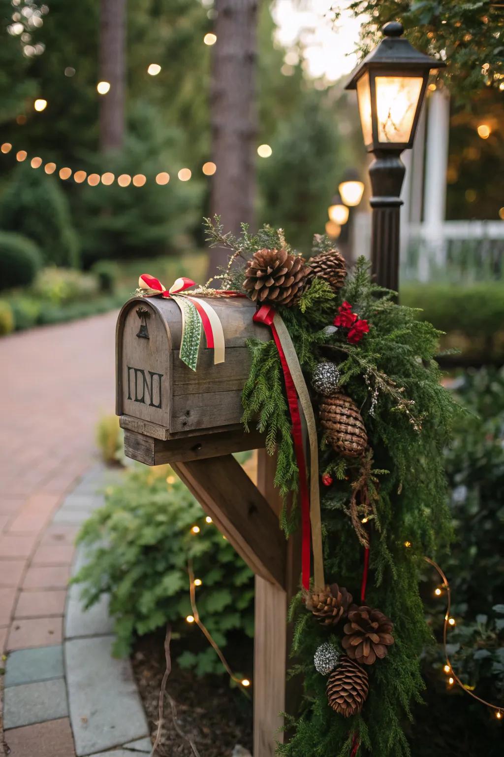 Pinecones add rustic charm and texture to your festive mailbox.
