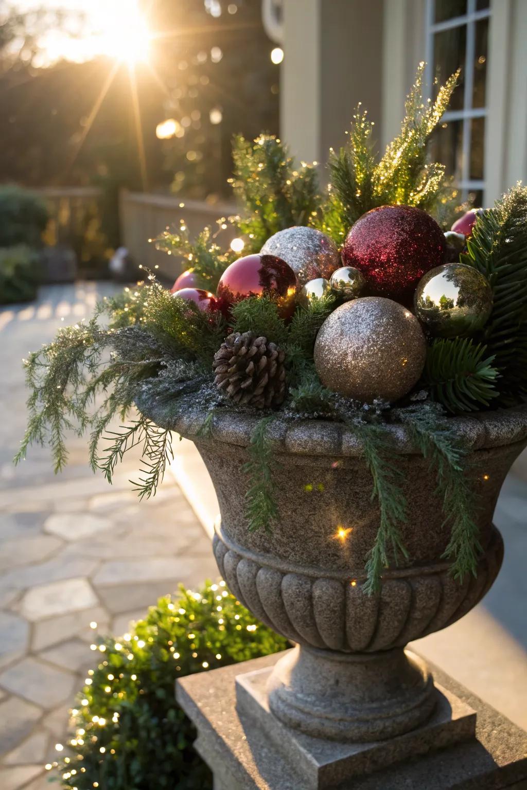 Sparkling ornaments add festive shine.