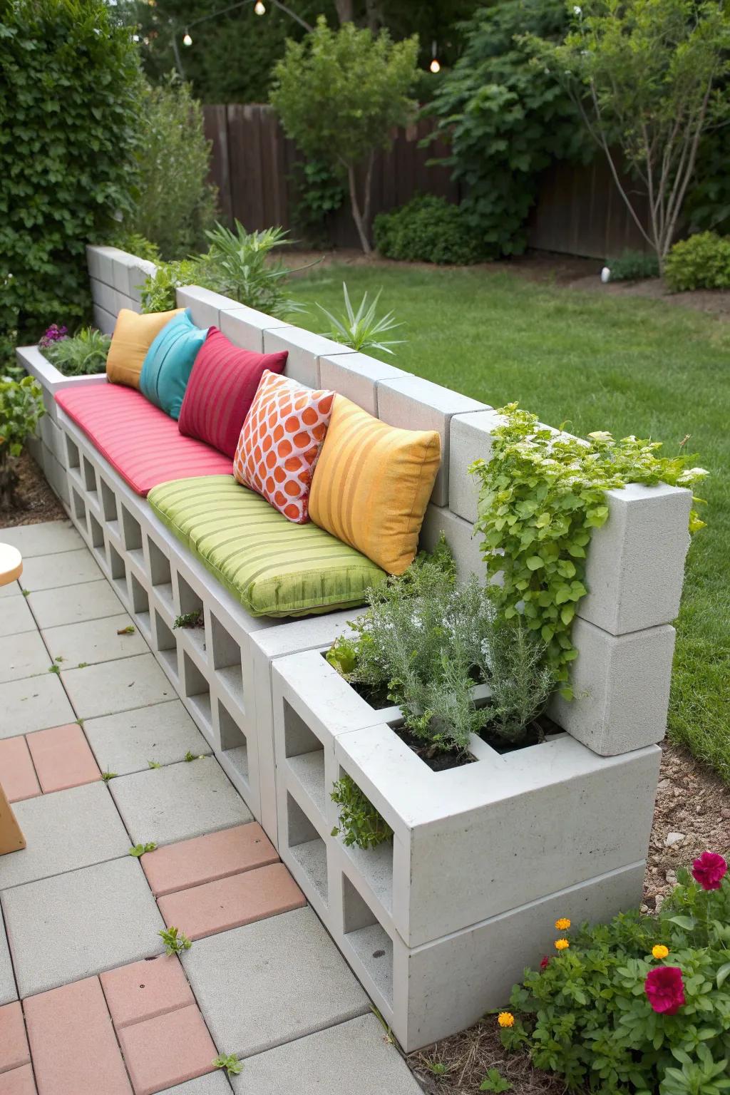 A practical bench with cinder block charm and plant-friendly features.