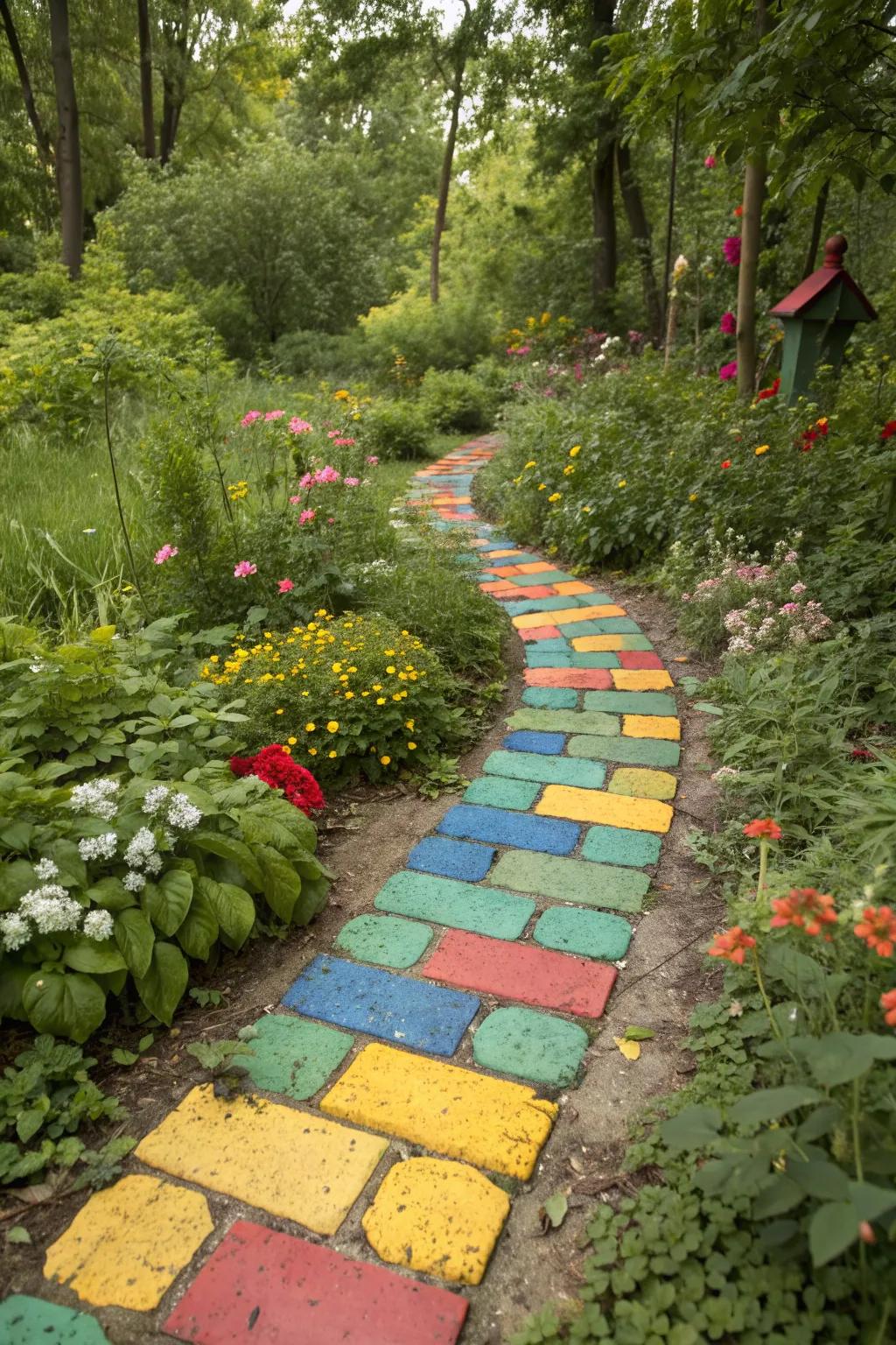 Brightly painted cinder blocks create a whimsical pathway in the garden.