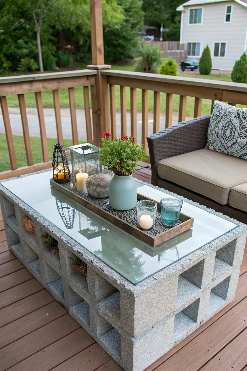 Modern cinder block coffee table with a glass top.