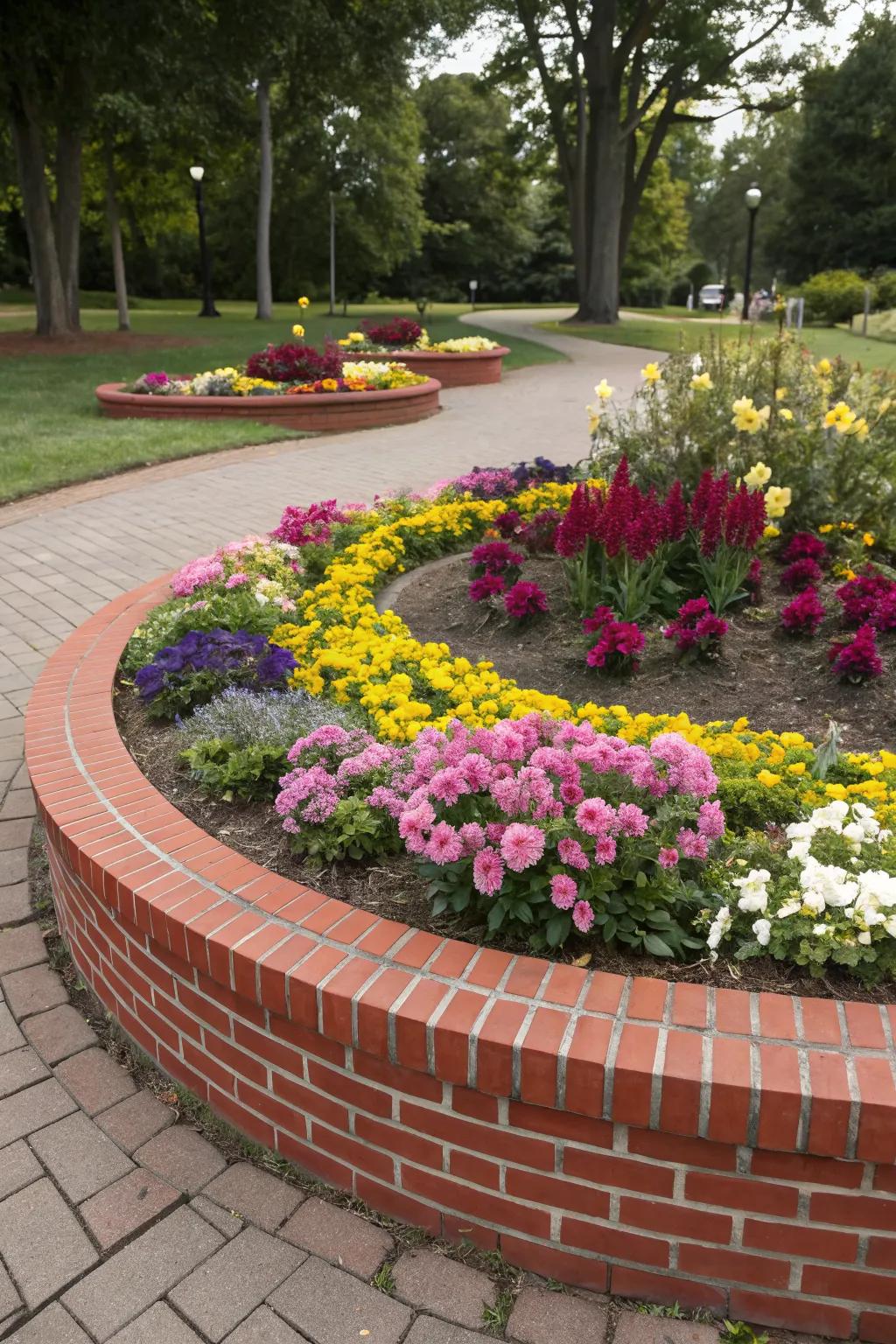 A circular flower bed with classic brick edging.