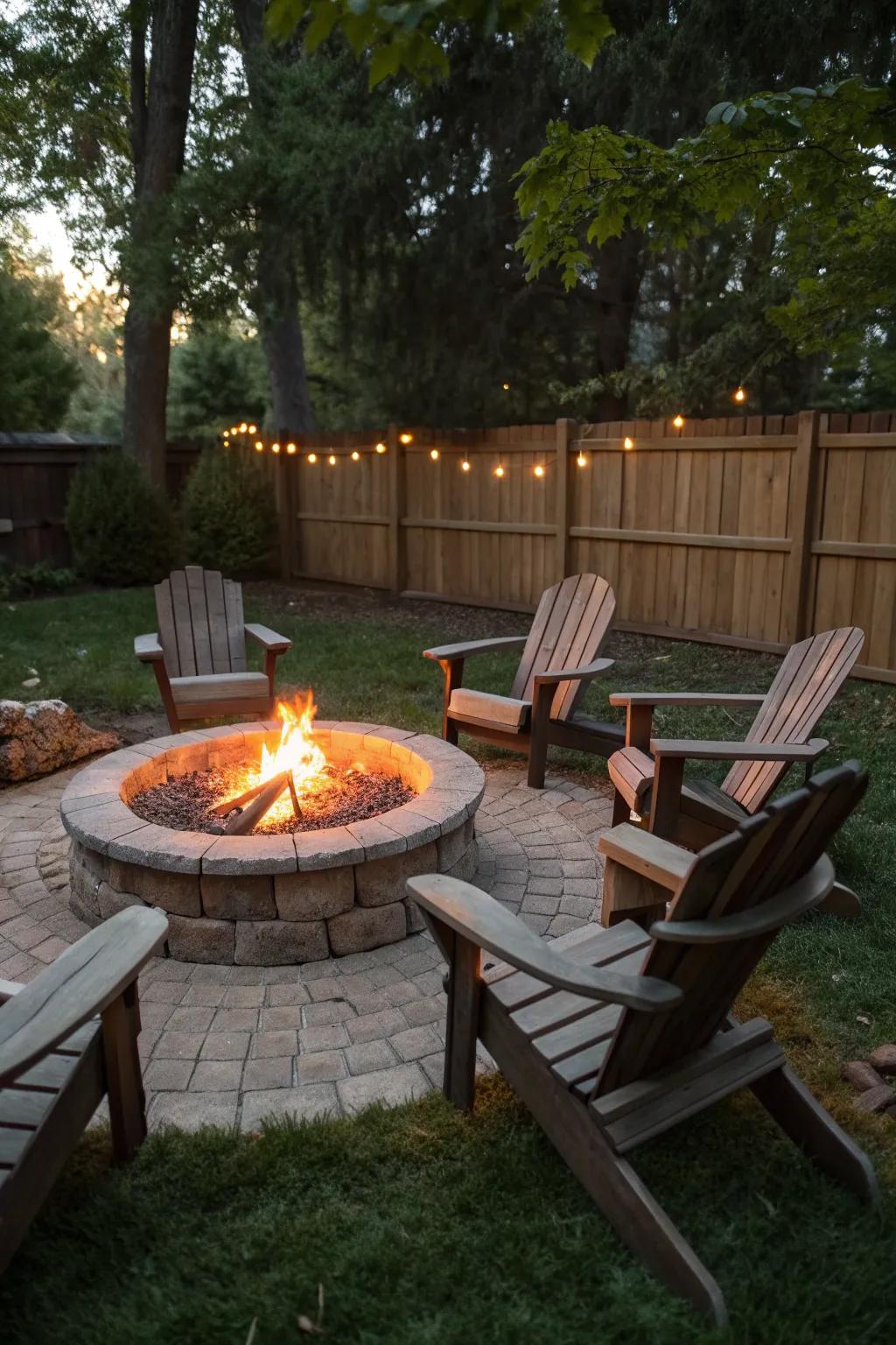 Adirondack chairs offer classic and comfortable seating around a fire pit.