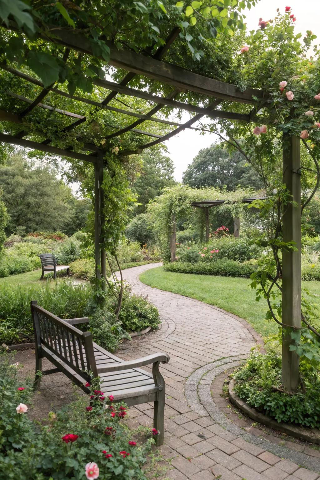 A cozy garden seating area with a bench under a pergola, surrounded by lush plants.