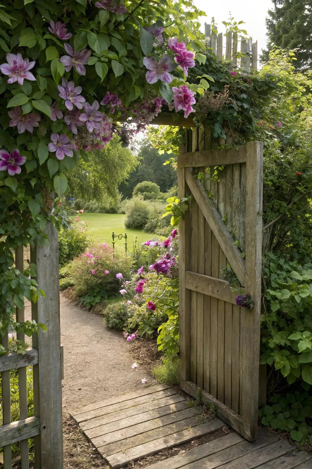 A garden gate beautifully framed with clematis flowers.