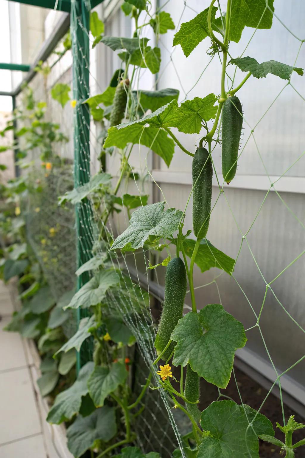 Efficient vertical gardening using netting for cucumbers.