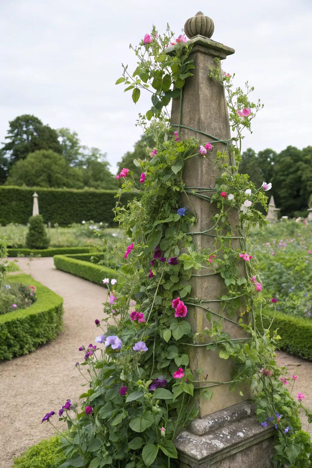 A garden obelisk, the centerpiece of a blooming display