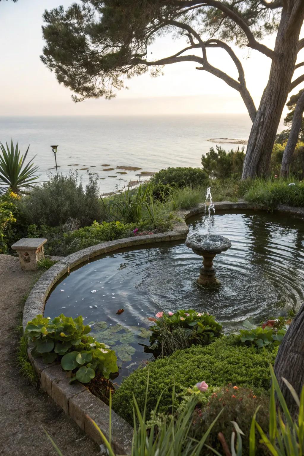 A water feature enhances tranquility in your coastal garden.