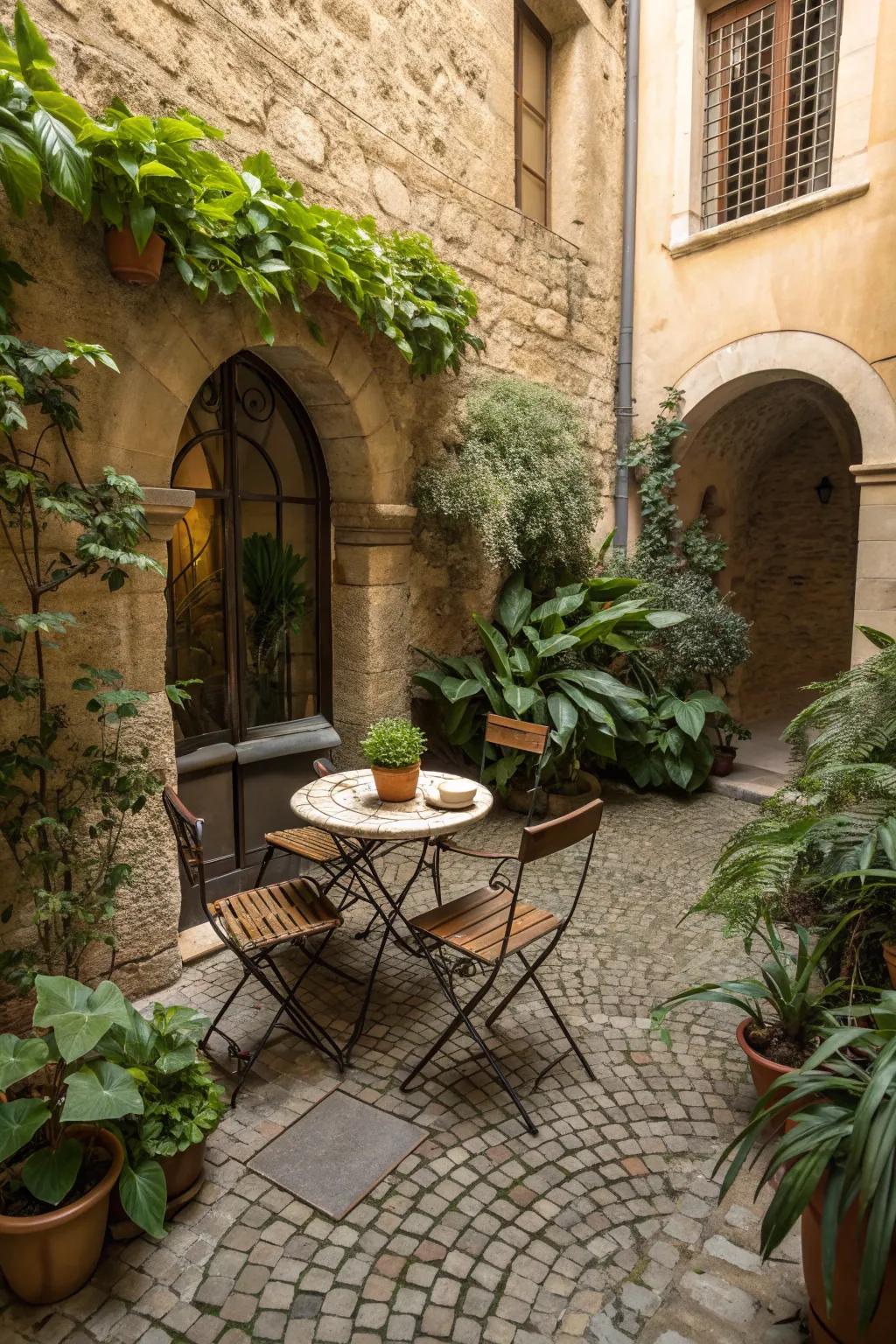A cozy cobblestone courtyard retreat.