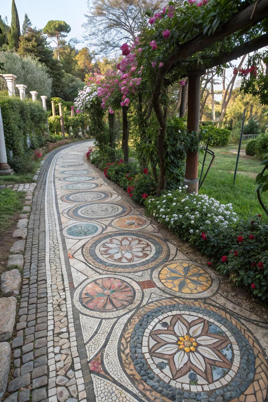 A stunning mosaic design crafted from colorful cobblestones.
