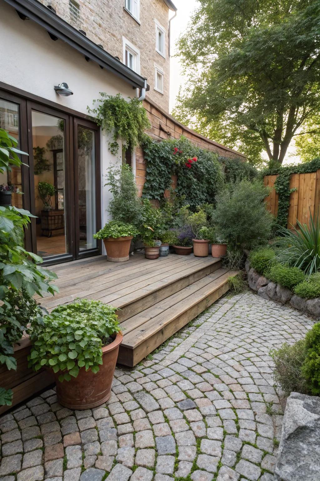 Create visual interest by mixing materials on your patio.