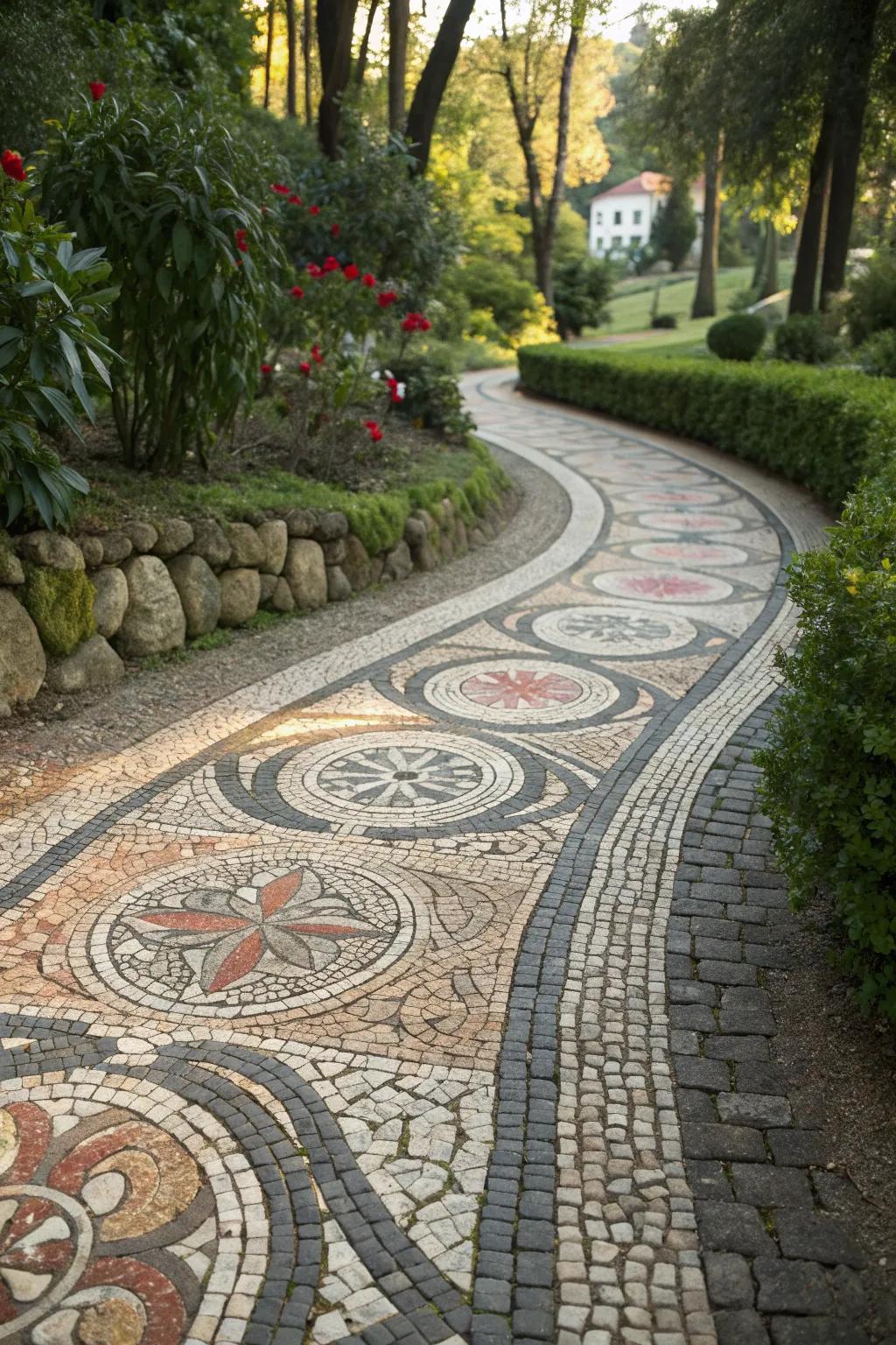 An intricate mosaic cobblestone path creating a striking garden feature.