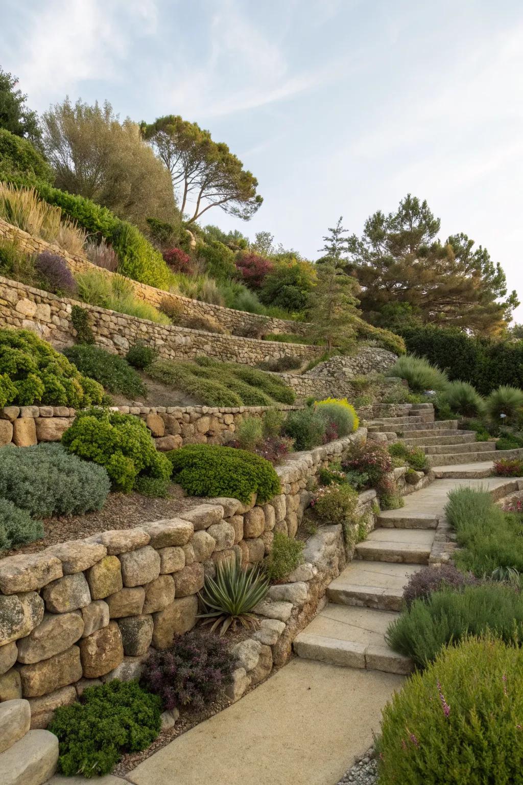 Terraced landscaping brings dimension and beauty to a xeriscape garden.