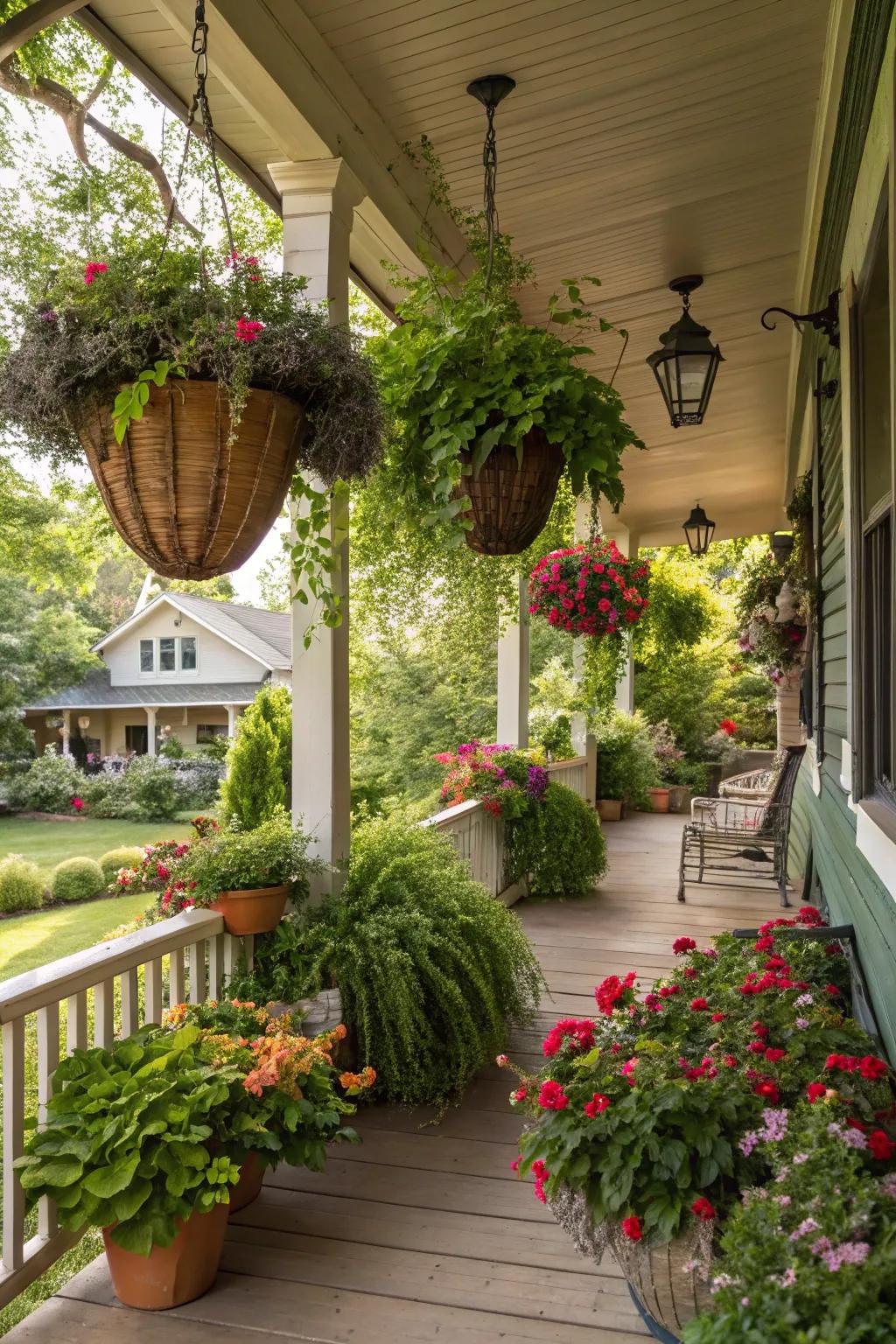 A porch adorned with hanging baskets and potted plants, creating a lush and vibrant atmosphere.