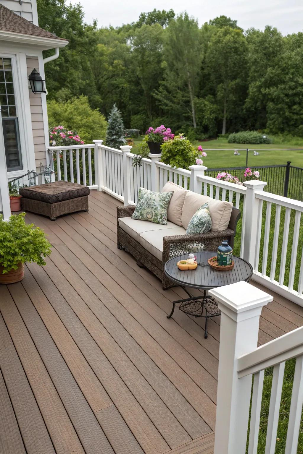 A composite deck with skirting, creating a cozy and unified outdoor space.