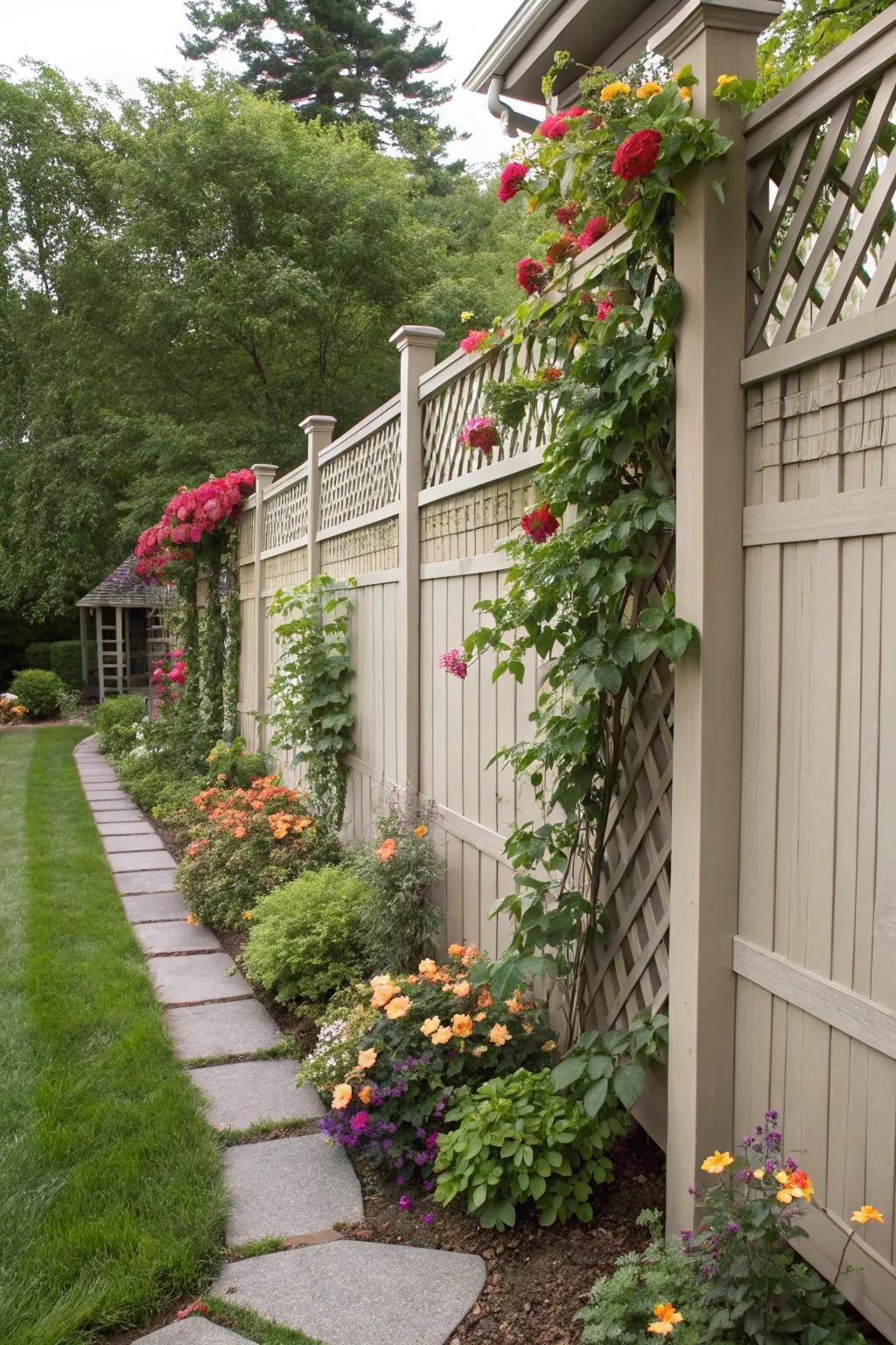 Climbing plants on a trellis add greenery and charm to this composite fence.