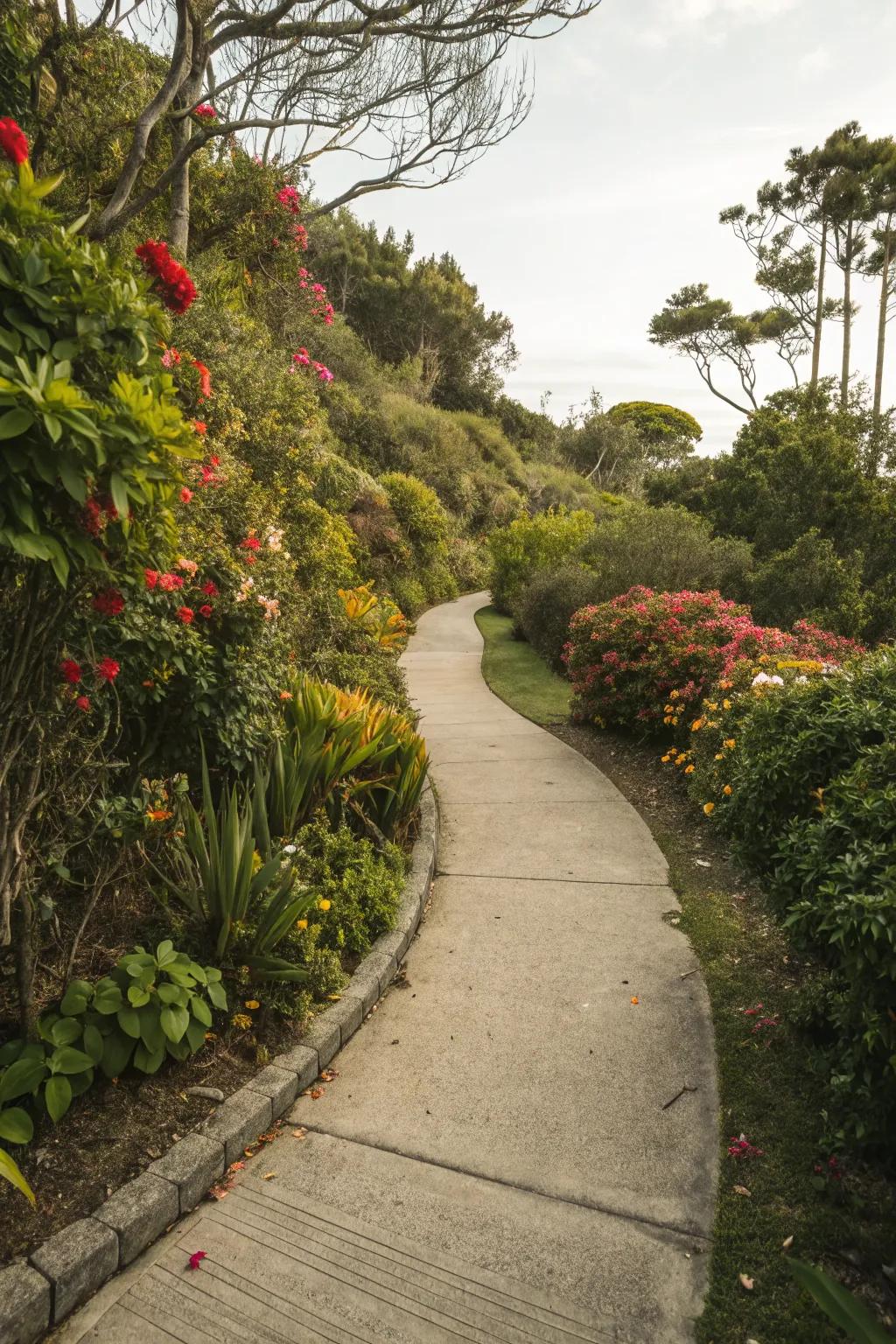 Concrete path blending naturally with lush garden plants and flowers.