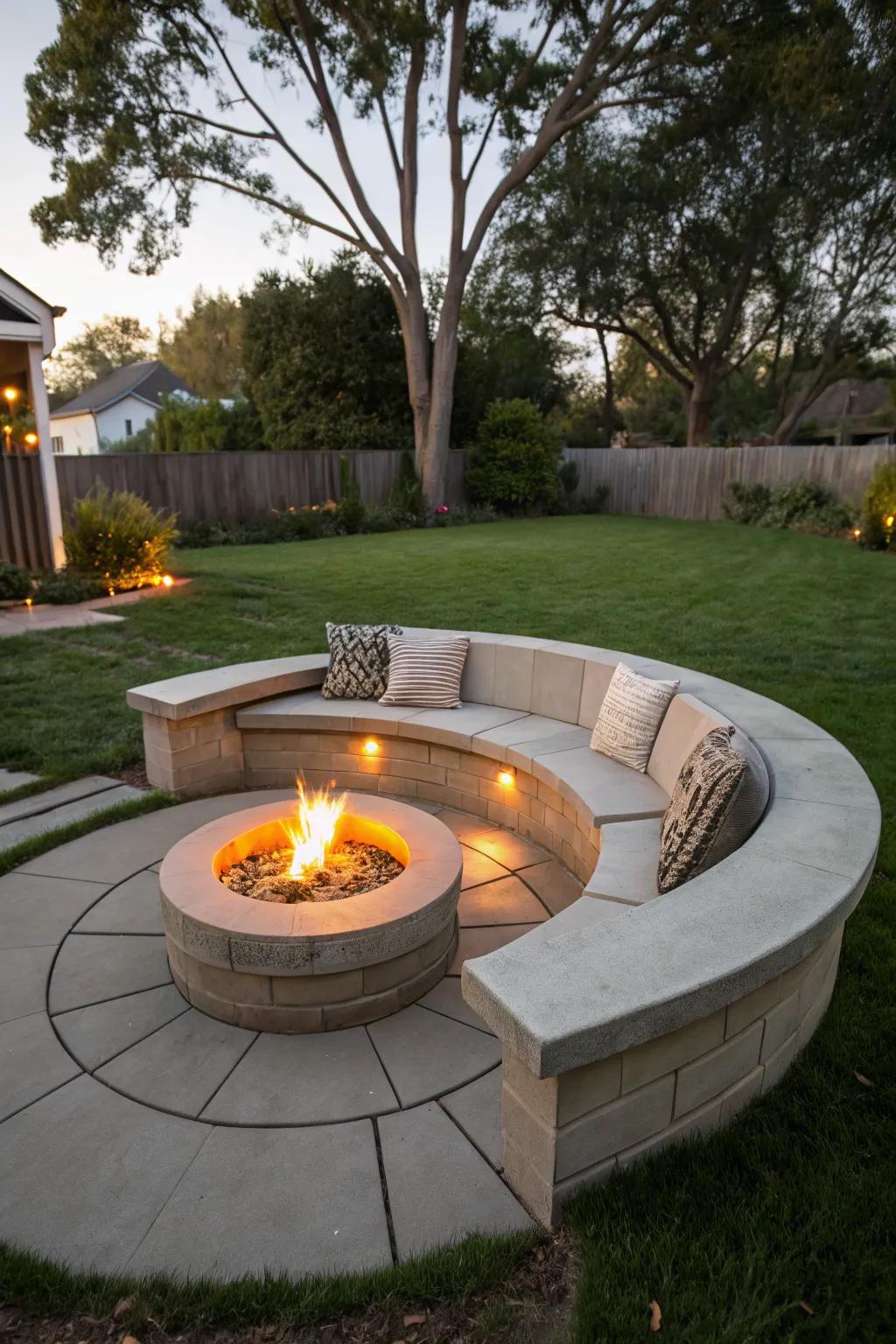 A cozy fire pit area enhanced by a stylish concrete bench.