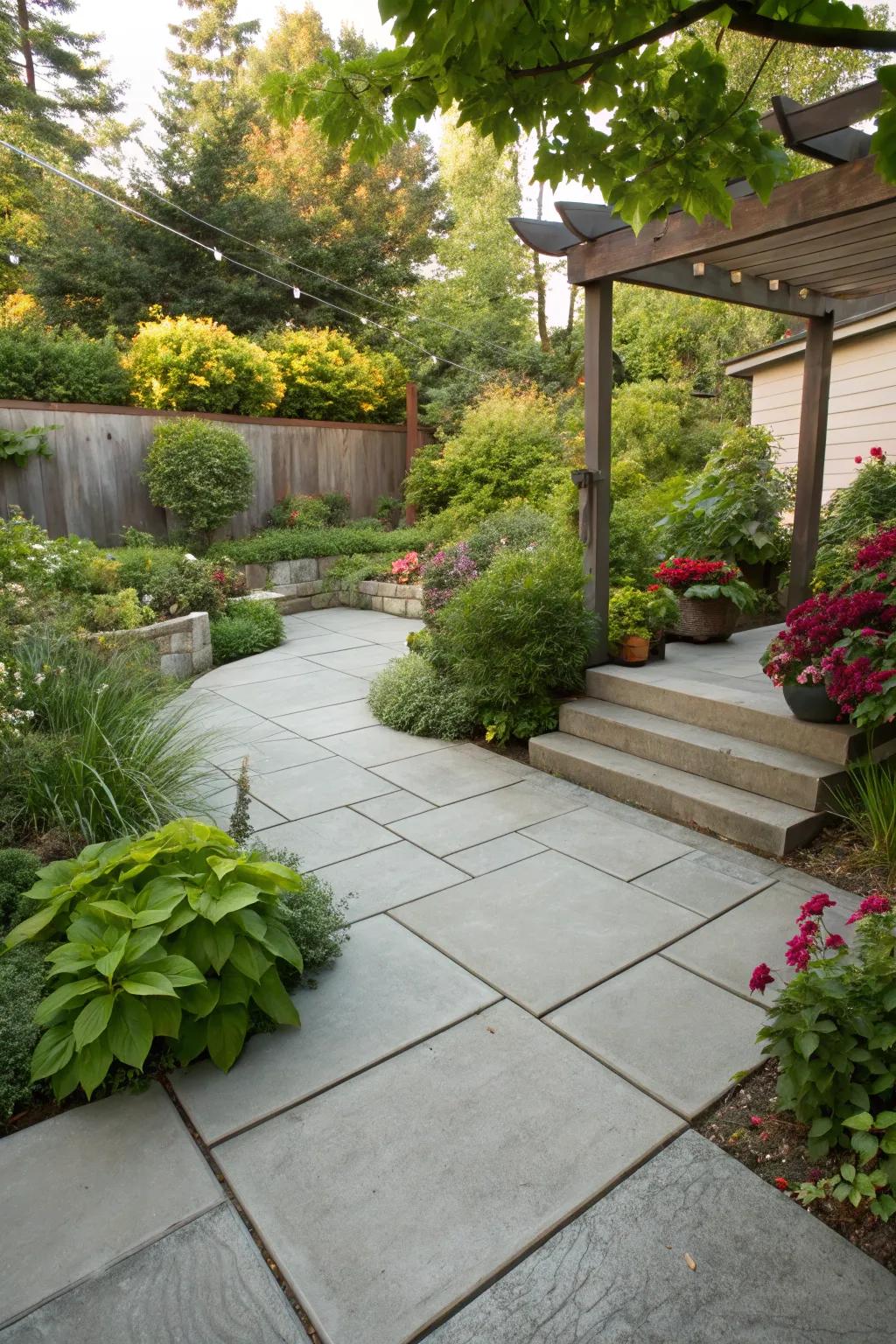 A patio beautifully integrated with garden greenery.