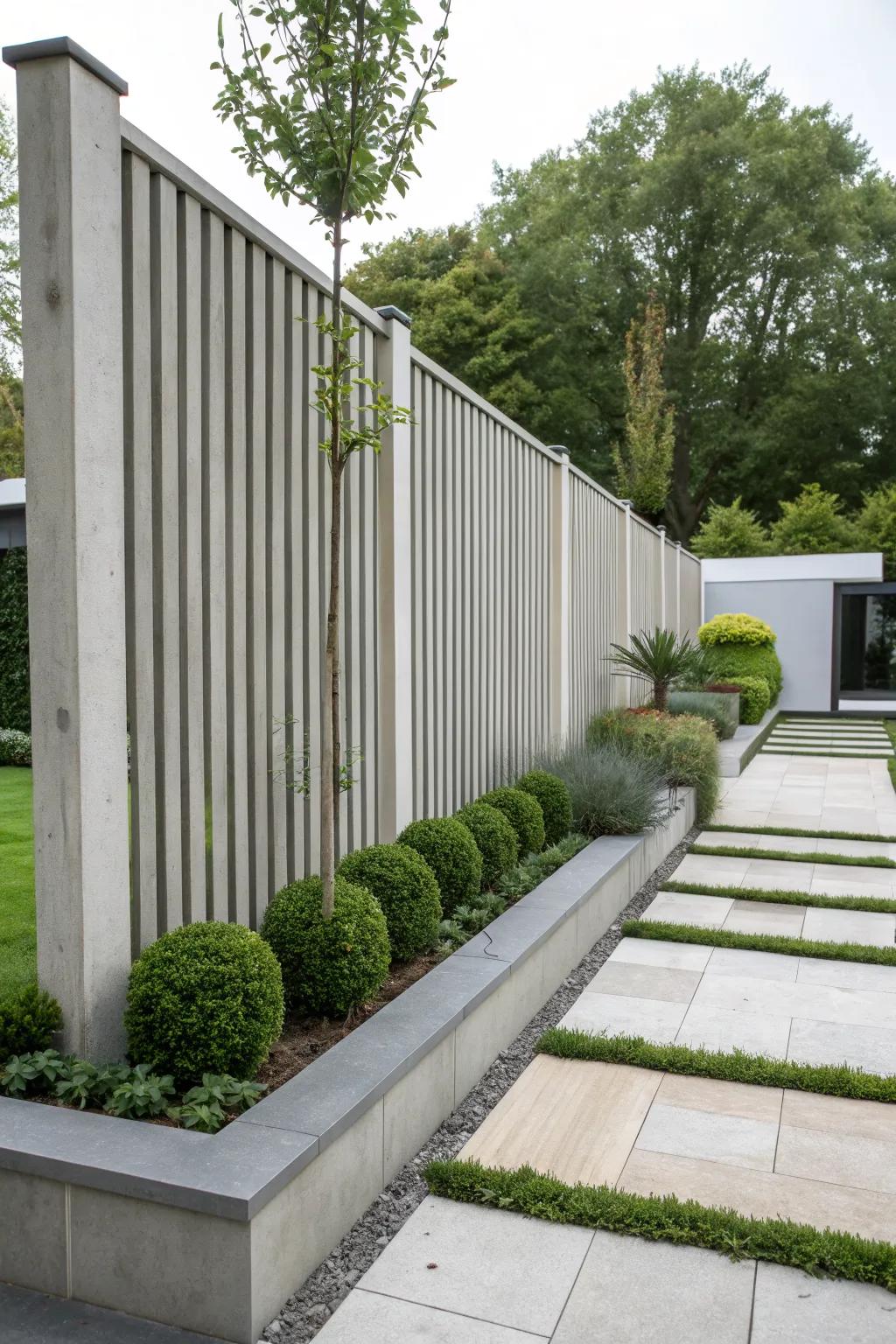 Vertical slats add a modern twist to this concrete fence.