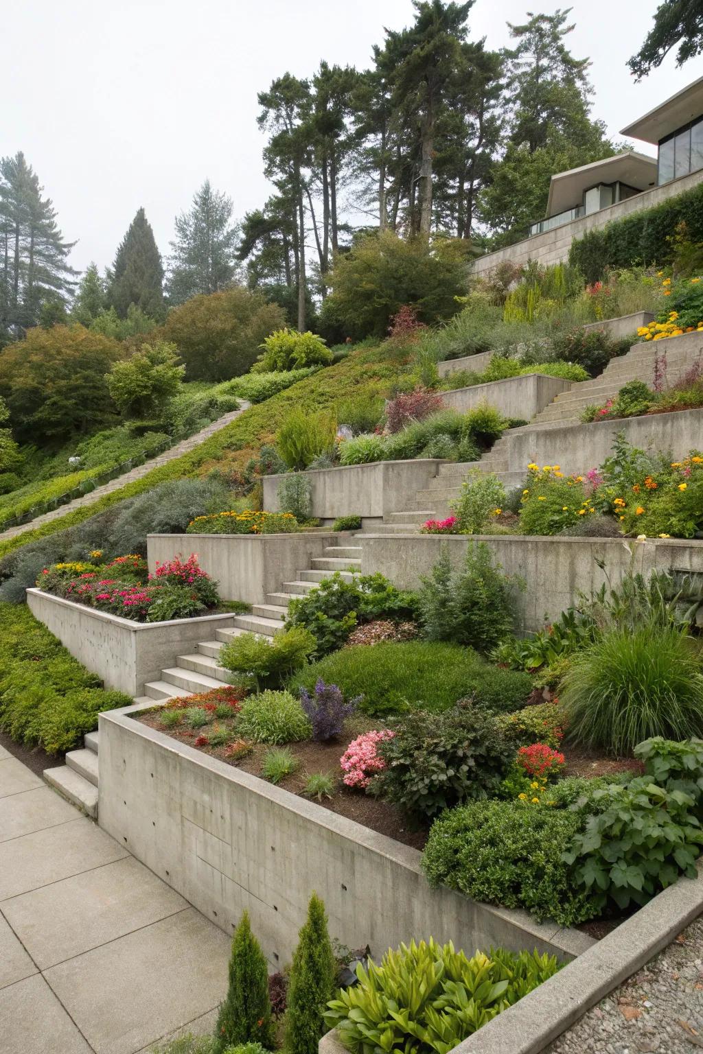 Terraced levels create visual interest and functionality.