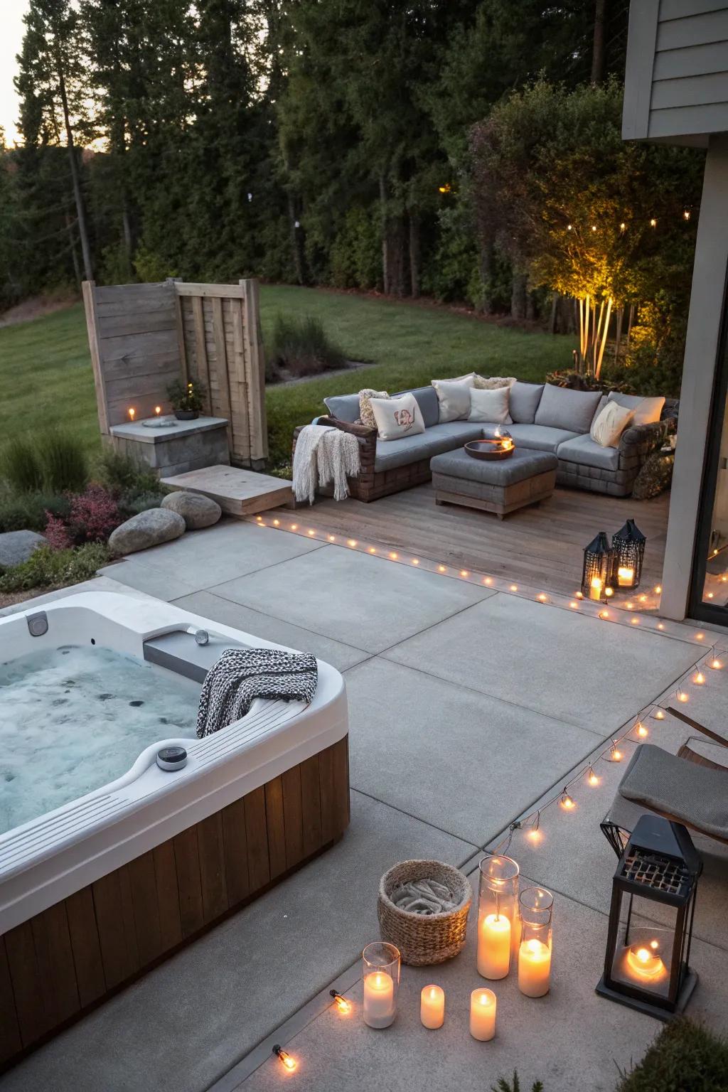 A cozy seating nook next to a hot tub, ideal for entertaining on a concrete patio.