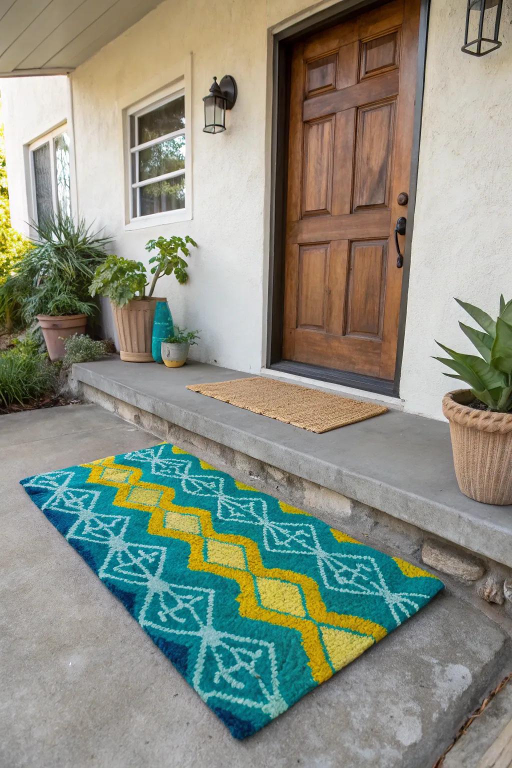 Concrete porch enlivened by a stylish outdoor rug.