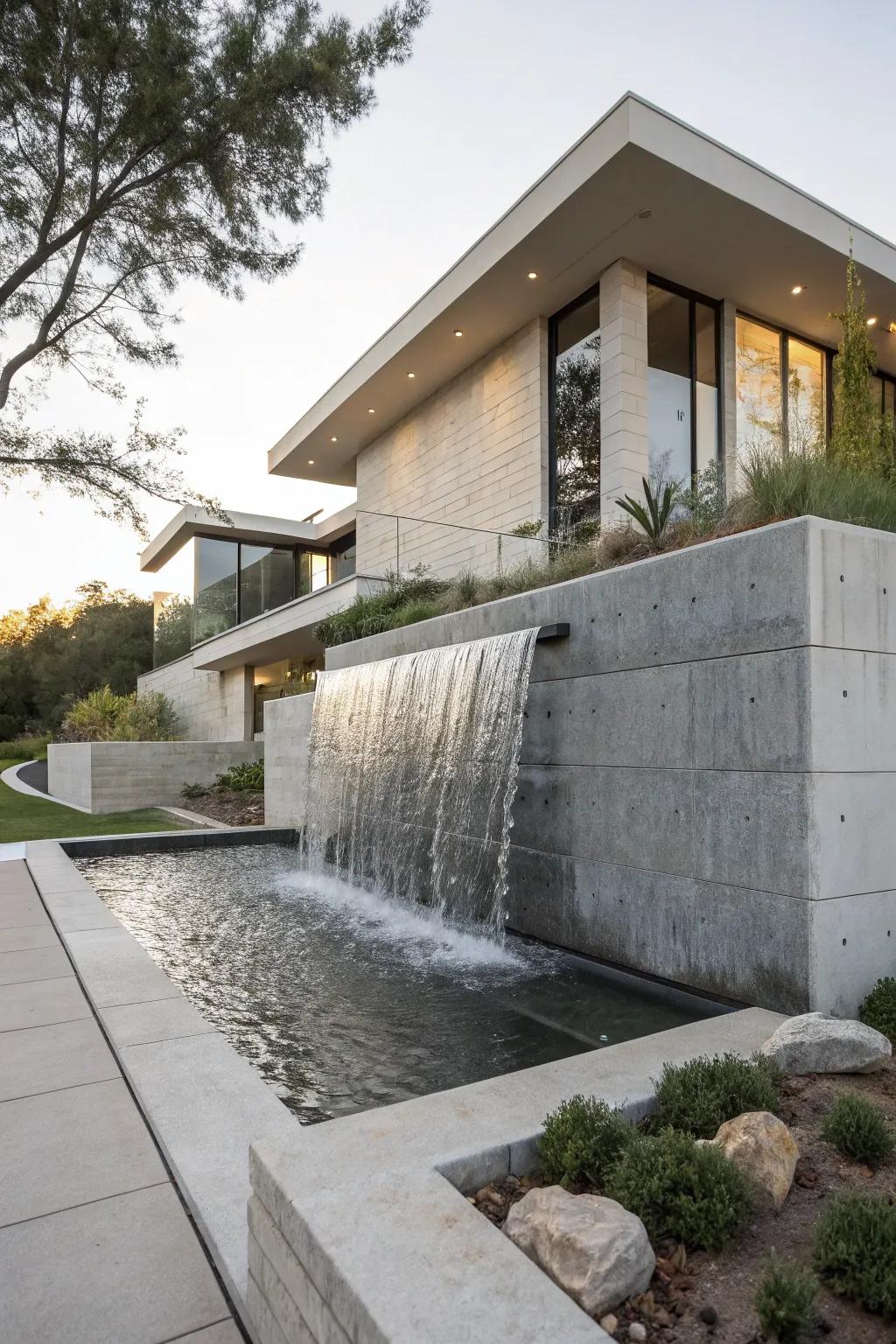Sleek and modern waterfall complementing a contemporary home design.