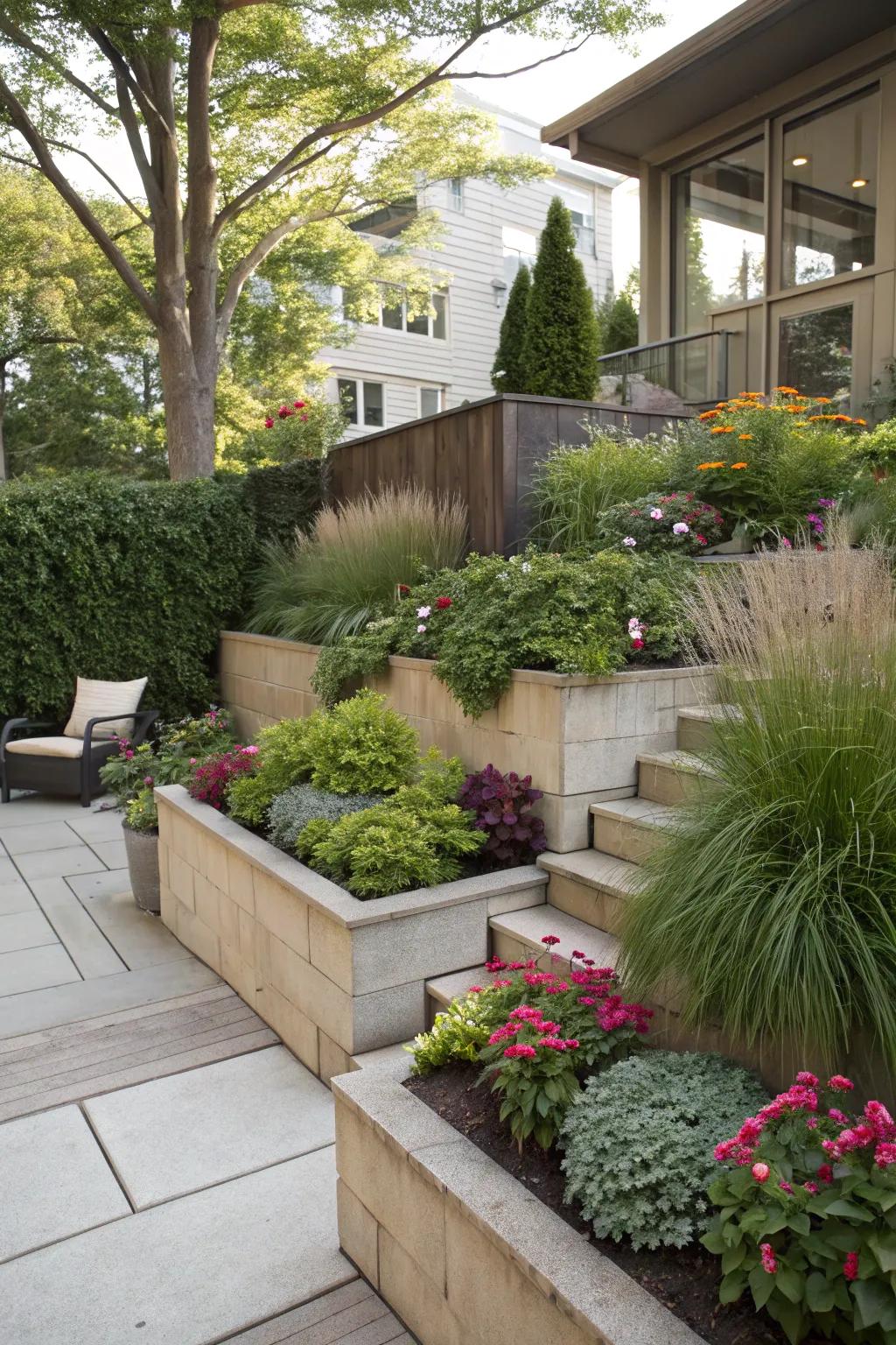 Tiered planting adds depth and visual interest to a condo backyard.
