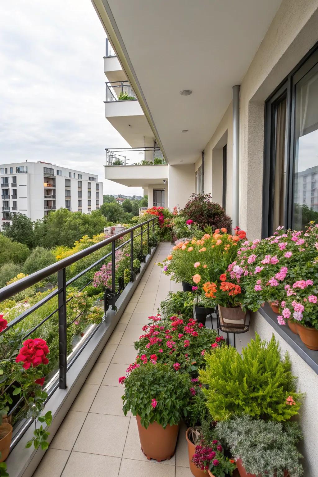 Colorful flowering plants brighten the balcony