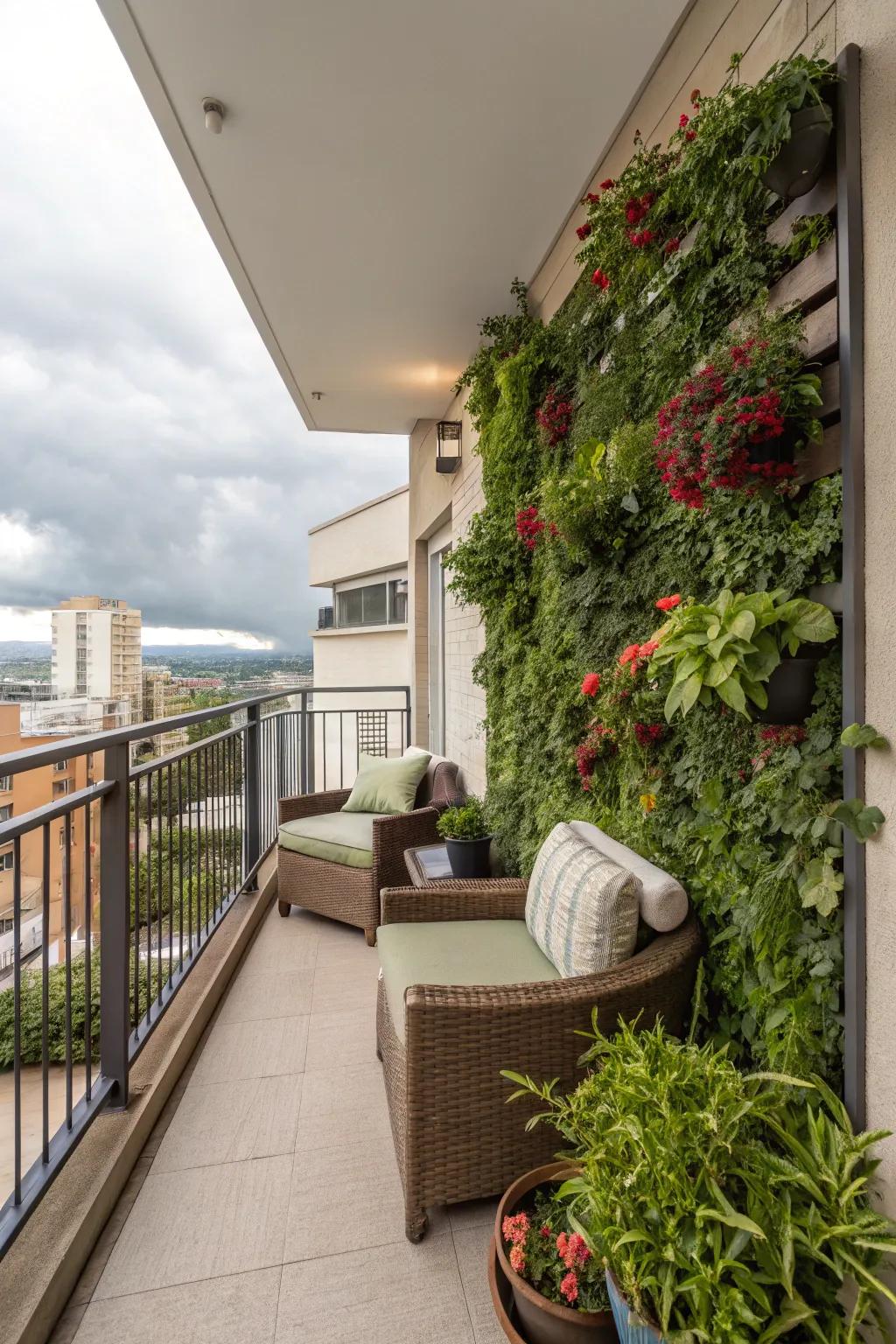 A vertical garden adding greenery to a small condo patio.