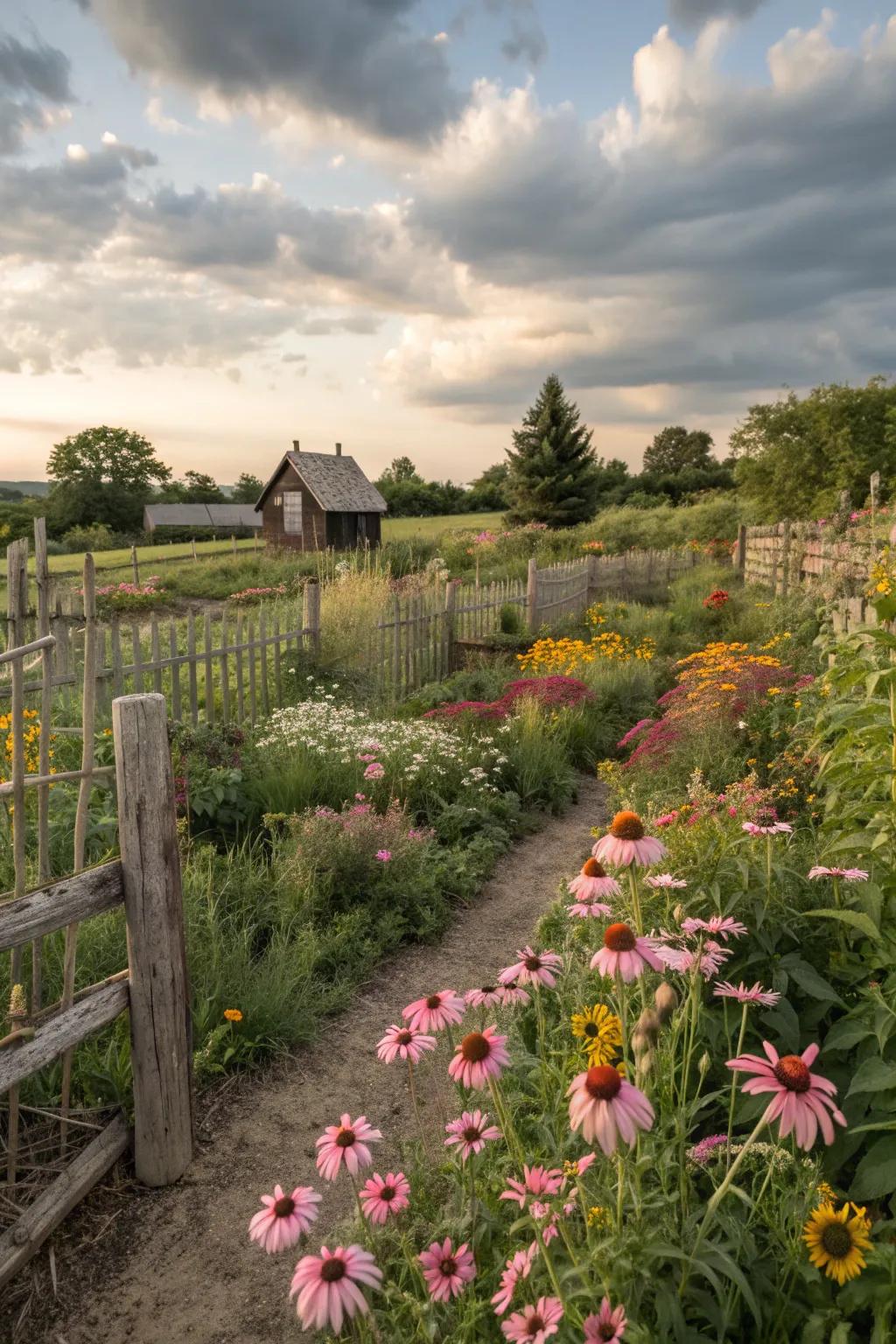 A charming cottage garden with free-spirited coneflowers.
