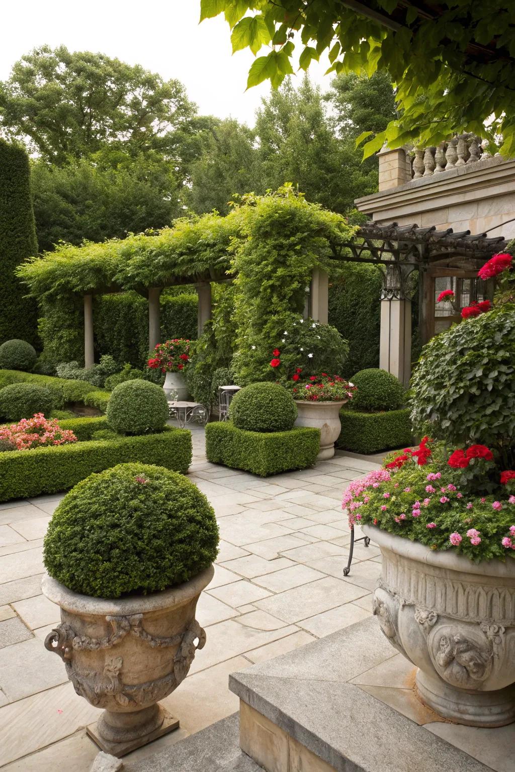 A patio integrated with lush greenery and planters.