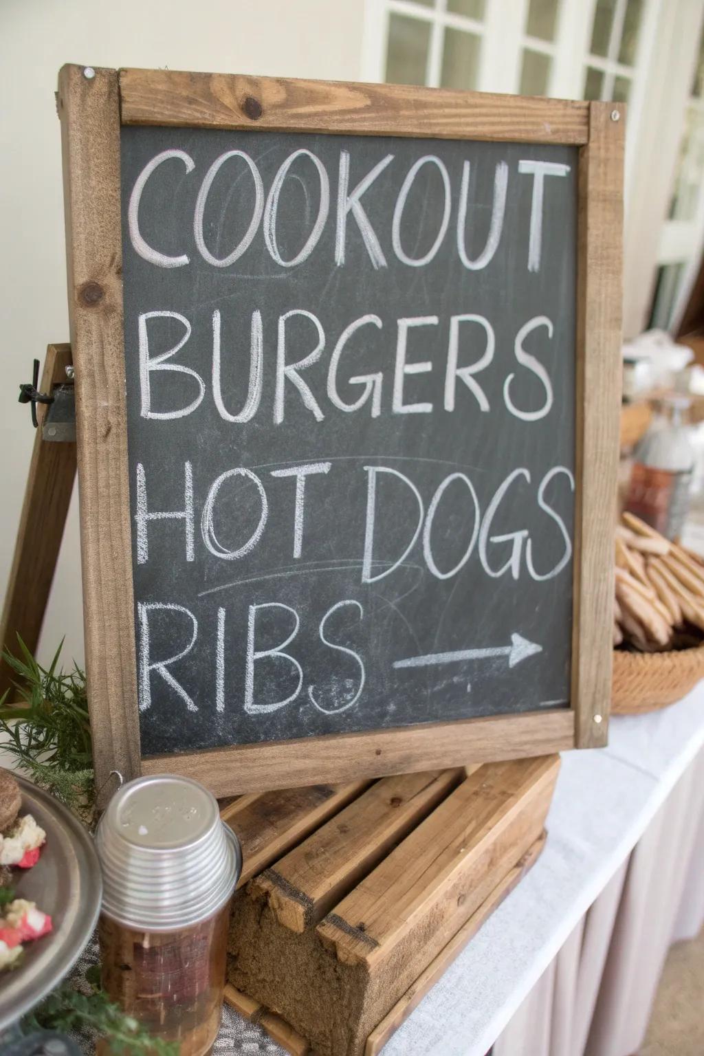 A charming chalkboard menu displaying the day's cookout delights.
