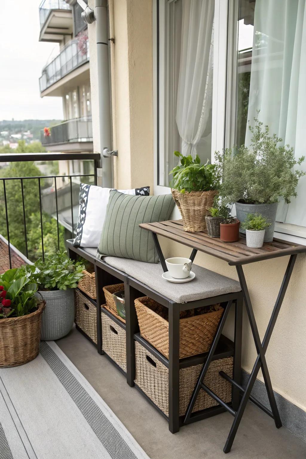Use multi-functional furniture to optimize your balcony space.